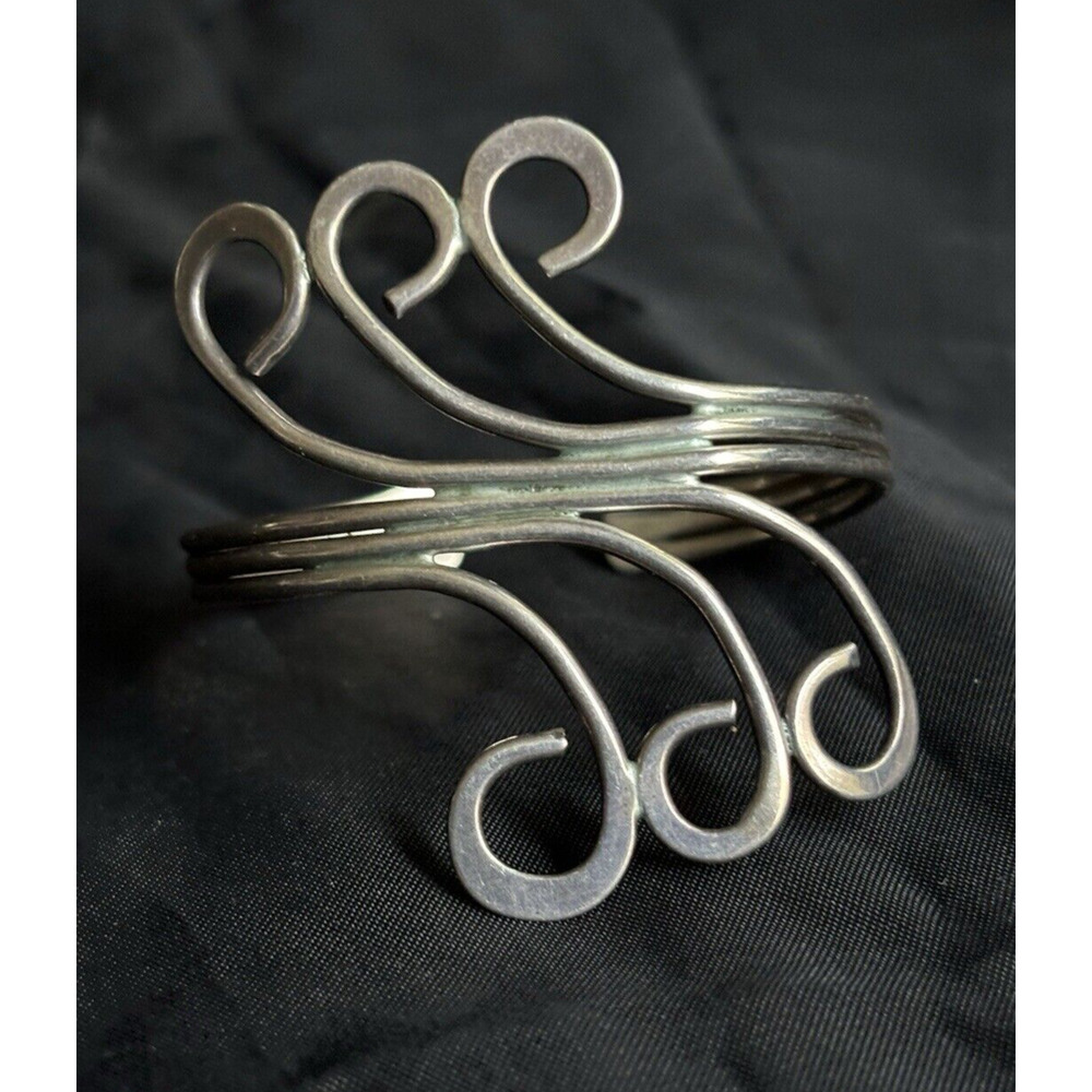 Vintage Artisan Cuff Bracelet Waves Pattern Silver Tone 2 1/4" Wide Swirl Waves